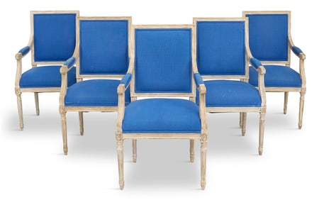 Suite of Five Pickled Oak Fauteuils