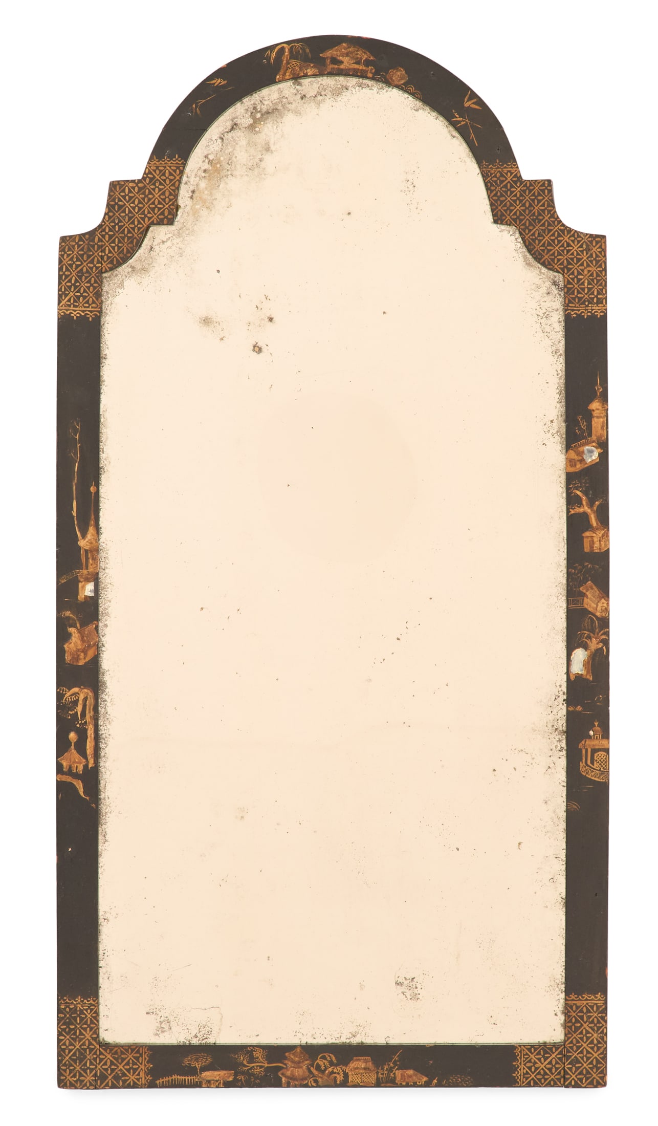 Edwardian Japanned Mirror: Edwardian Japanned Mirror first quarter 20th century, in the Queen Anne taste, the arched crest over the surround, decorated with gilt chinoiserie, accented with mother-of-pearl, set with a beveled mi