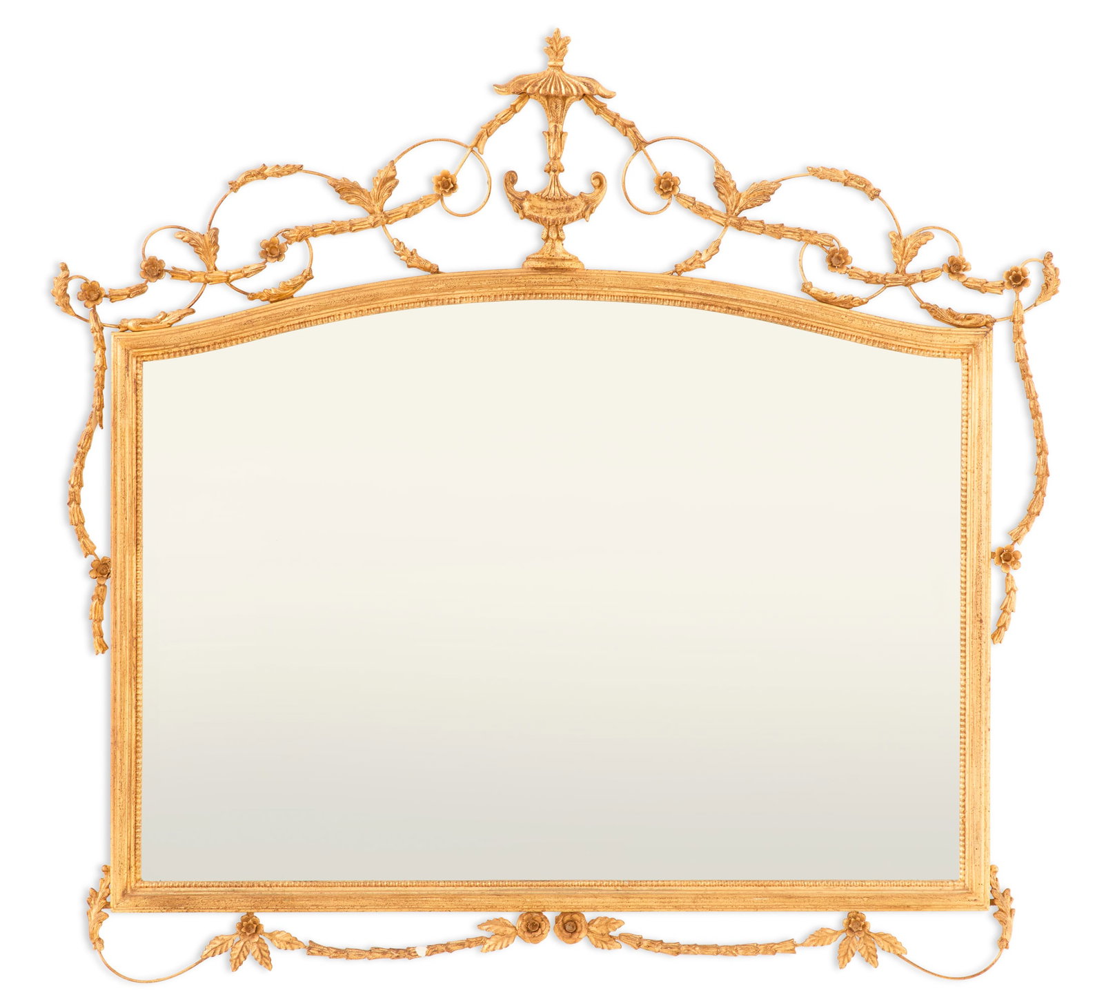 Overmantel Mirror in the Adam Taste: Overmantel Mirror in the Adam Taste contemporary, the serpentine crest set with an urn-form finial framed with scrolled bellflowers, the molded surround set with a beveled mirror plate, the lower port
