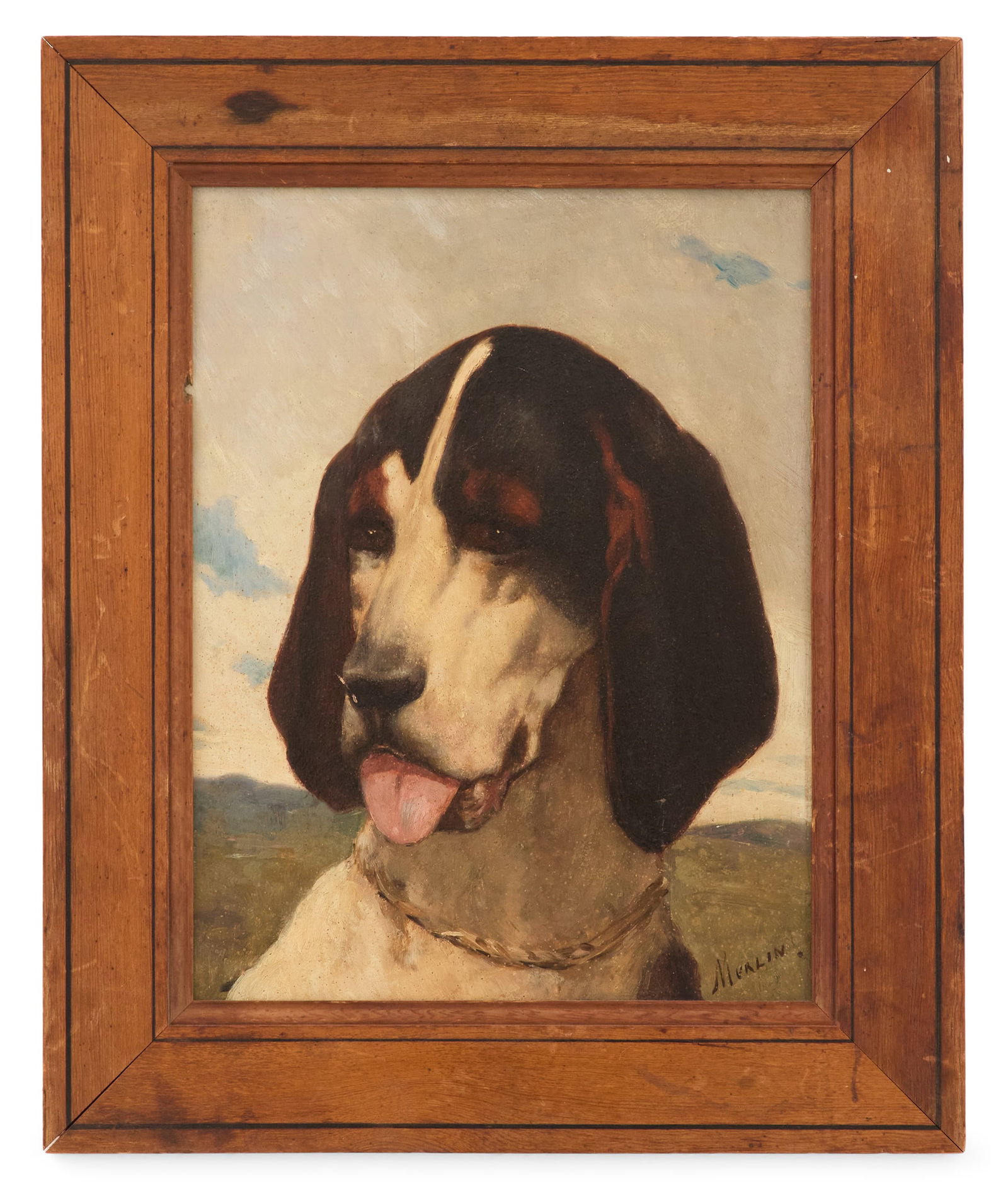 American School (20th Century): American School 20th Century "Hound Dog" oil on wood panel signed "Merlin" lower right. Framed. 13-3/4" x 10-3/4", framed 18-1/4" x 15-1/4" Provenance: Kevin St