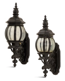 Pair of Black Metal and Glass Exterior Lights
