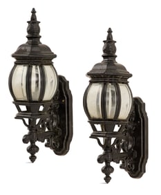 Pair of Black Metal and Glass Exterior Lights