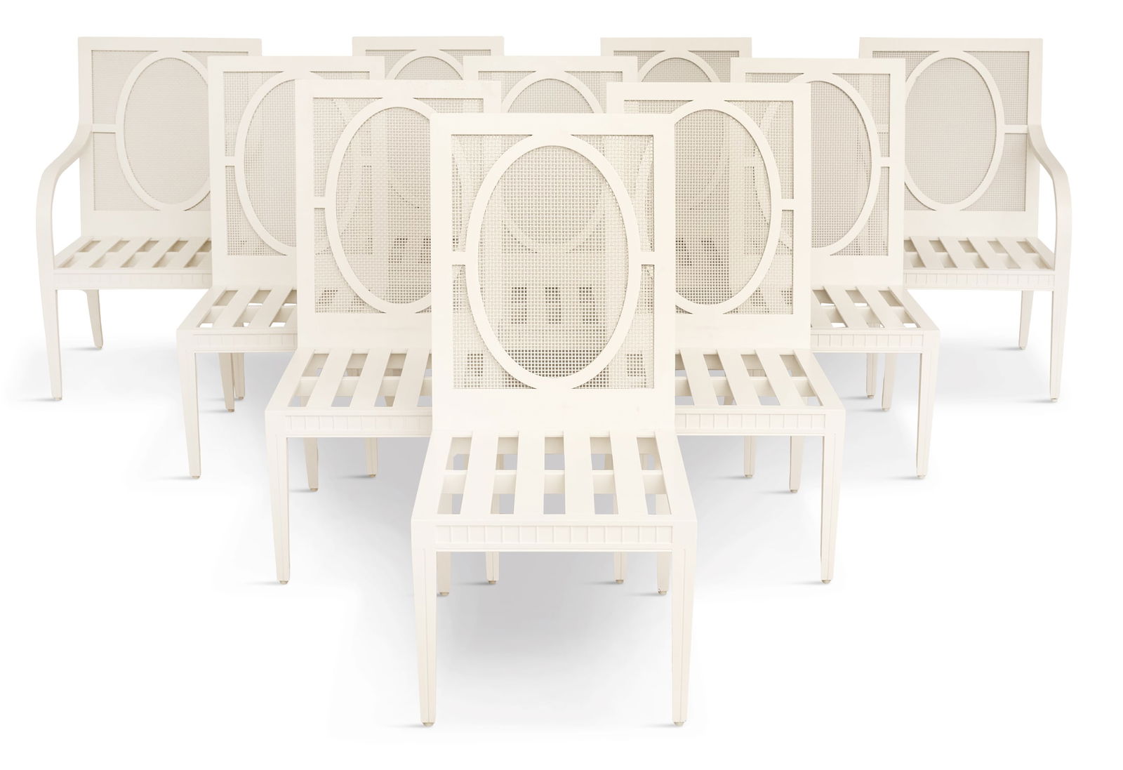 Aluminum Janus et Cie "Savannah" Garden Chairs: Suite of Ten Janus et Cie White-Enameled Aluminum "Savannah" Garden Dining Chairs21st century, after a design by Orlando Diaz-Azcuy (Cuban/American, b. 1940), including two armchairs and eight side ch