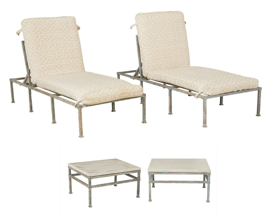 Hugh Newell Jacobsen "Dominican Collection" Suite: Rare Pair of Hugh Newell Jacobsen "Dominican Collection" Chaise Lounges and Occasional Tablesfourth quarter 20th century, each executed in aluminum, the chaises with adjustable backs, the lo
