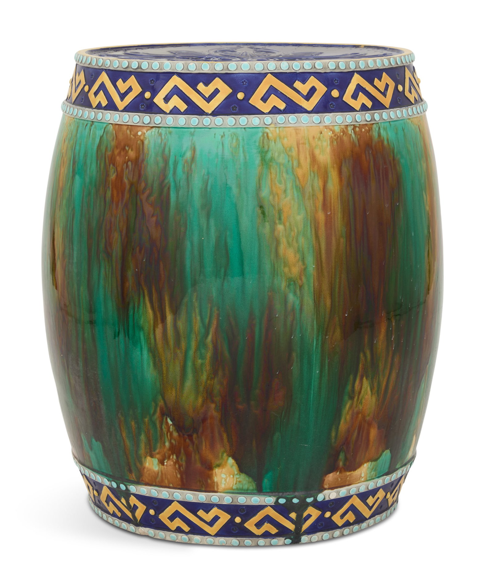 Brown, Westhead, Moore Majolica Garden Seat: Brown, Westhead, Moore Majolica Garden Seat fourth quarter 19th century, the cobalt top pierced with a "handle", molded with scrollwork and anthemia, the body scroddled with a green, amber a
