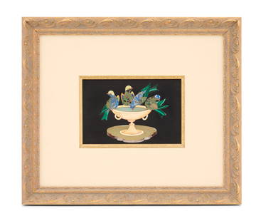 Italian Pietra Dura Plaque: Italian Pietra Dura Plaque contemporary, attributed to Commesso Fiorentino, decorated with colorful birds drinking water from a dish, in various specimen stones on a black ground, in a contemporary