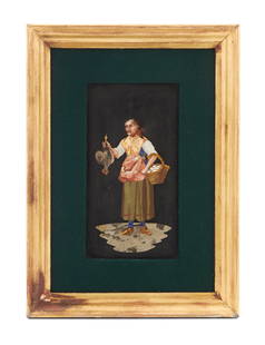 Italian Pietra Dura Plaque of a Woman: Italian Pietra Dura Plaque of a Woman ca. 1900, figure holding a chicken in one hand and a basket of eggs in the other, executed in various specimen stones on a black ground, in a contemporary