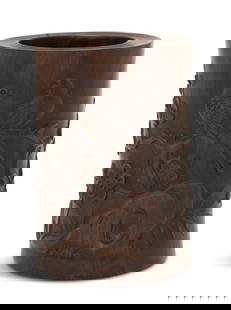 Chinese Tzu Tan Brush Pot: Chinese Tzu Tan Brush Pot the surface carved in relief with birds and flowers. h. 6", dia. 4"