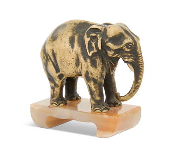 Russian Bronze and Agate Elephant: Russian Bronze and Agate Elephant early 20th century, by Karl Fedorovich Werfel, St. Petersburg, fl. 1873-1914, the standing bronze elephant on a carved agate base in the chinoiserie taste, the