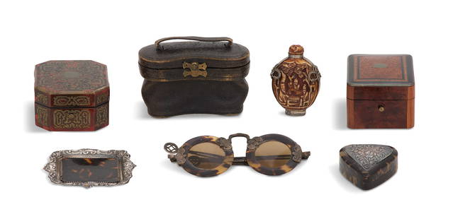 Collection of Objets d'Art: Collection of Objets d'Art 19th/20th century, including a Napoleon III Boulle box, tortoiseshell inlaid with brass marquetry, h. 1-1/2", w. 3-1/4", d. 2-3/4", an Edwardian brass-inlaid