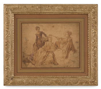 French School (Late 18th Century): French School Late 18th Century "The Chaperone" ink and watercolor on paper figures outlined in pinprick-sized holes suggesting this may have been used as a pattern. Matted, glazed and framed. sight
