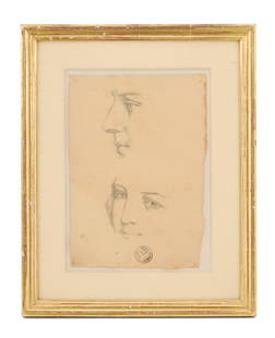 French School (19th Century): French School 19th Century "Visages" graphite on paper unsigned, and illegible stamp lower center. Matted, glazed and framed. 15" x 12-1/2", framed 18-1/2" x 15"