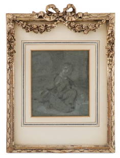 British School (18th Century): British School 18th Century "Seated Boy" chalk on blue-gray paper unsigned, with hand-made and painted mat. Matted, glazed and in a silver-giltwood frame. sight 4-1/4" x 3-1/2"