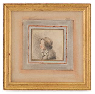 British School (18th Century): British School 18th Century "Portrait of a Young Boy" graphite and watercolor on paper unsigned, in a hand-painted mat. Matted, glazed and framed. sight 3-1/8" x 3-1/8", framed