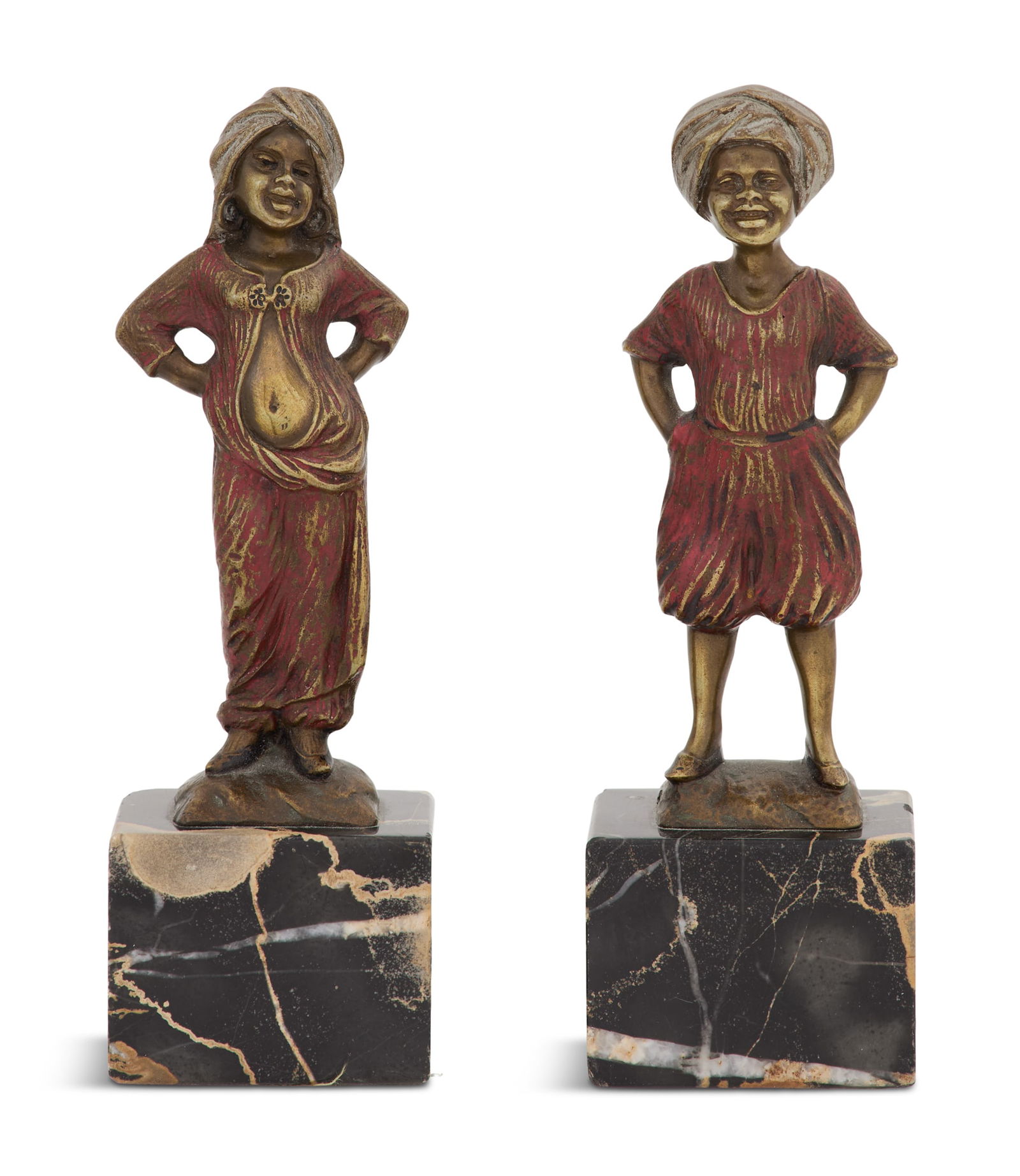After Franz Iffland (German, 1862-1935): After Franz Iffland(German, 1862-1935)"Laughing Figures"two cold-painted bronzesfirst quarter 20th century, cast signatures on back of each figure, backs, presented on portoro marble bases.h
