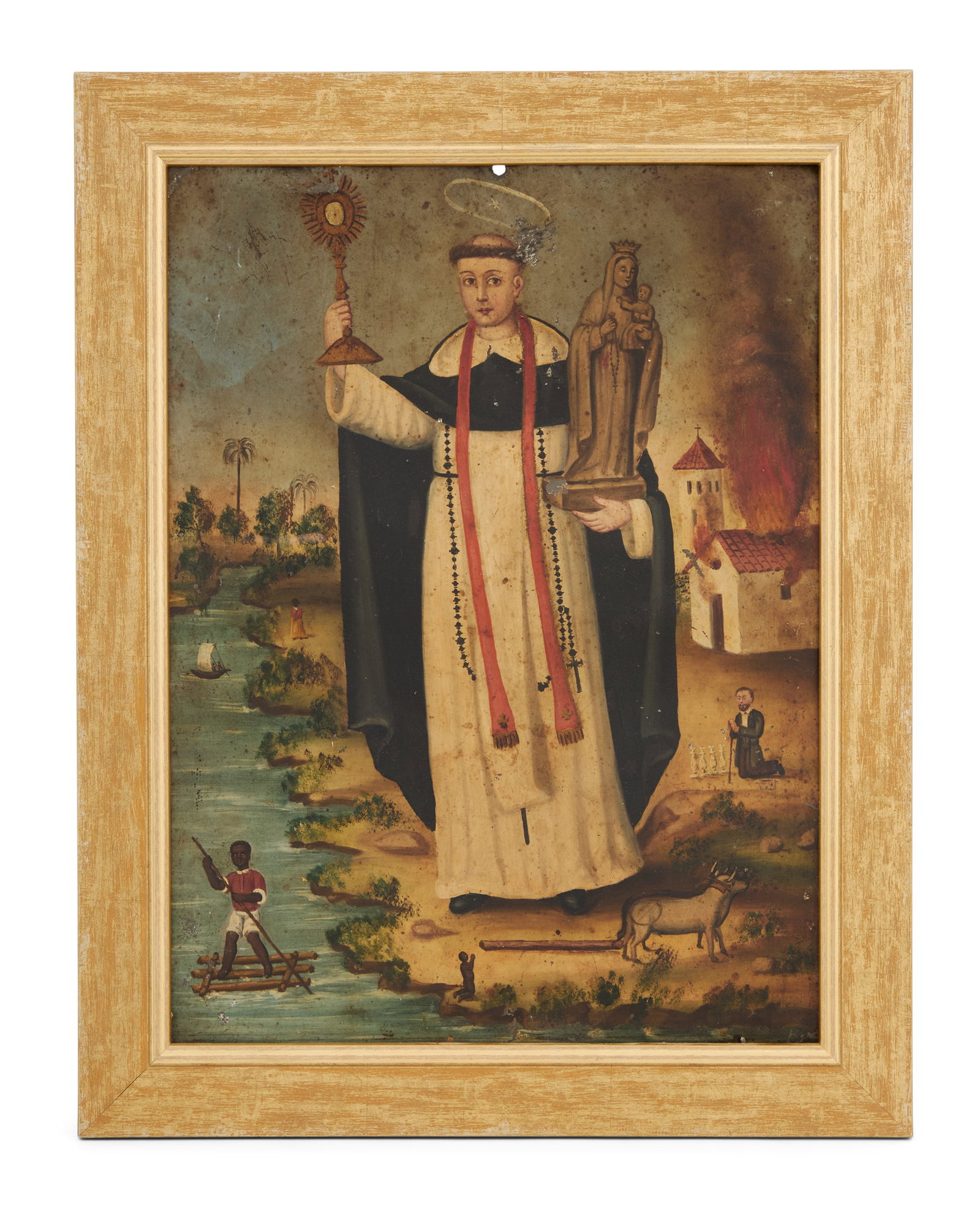 Mexican Retablo of Saint Hyacinth of Poland: Mexican Retablo of Saint Hyacinth of Poland 20th century, paint on tin, the saint depicted saving the monstrance and statue of the Virgin from the chapel during the Siege of Kiev, verso with similar p
