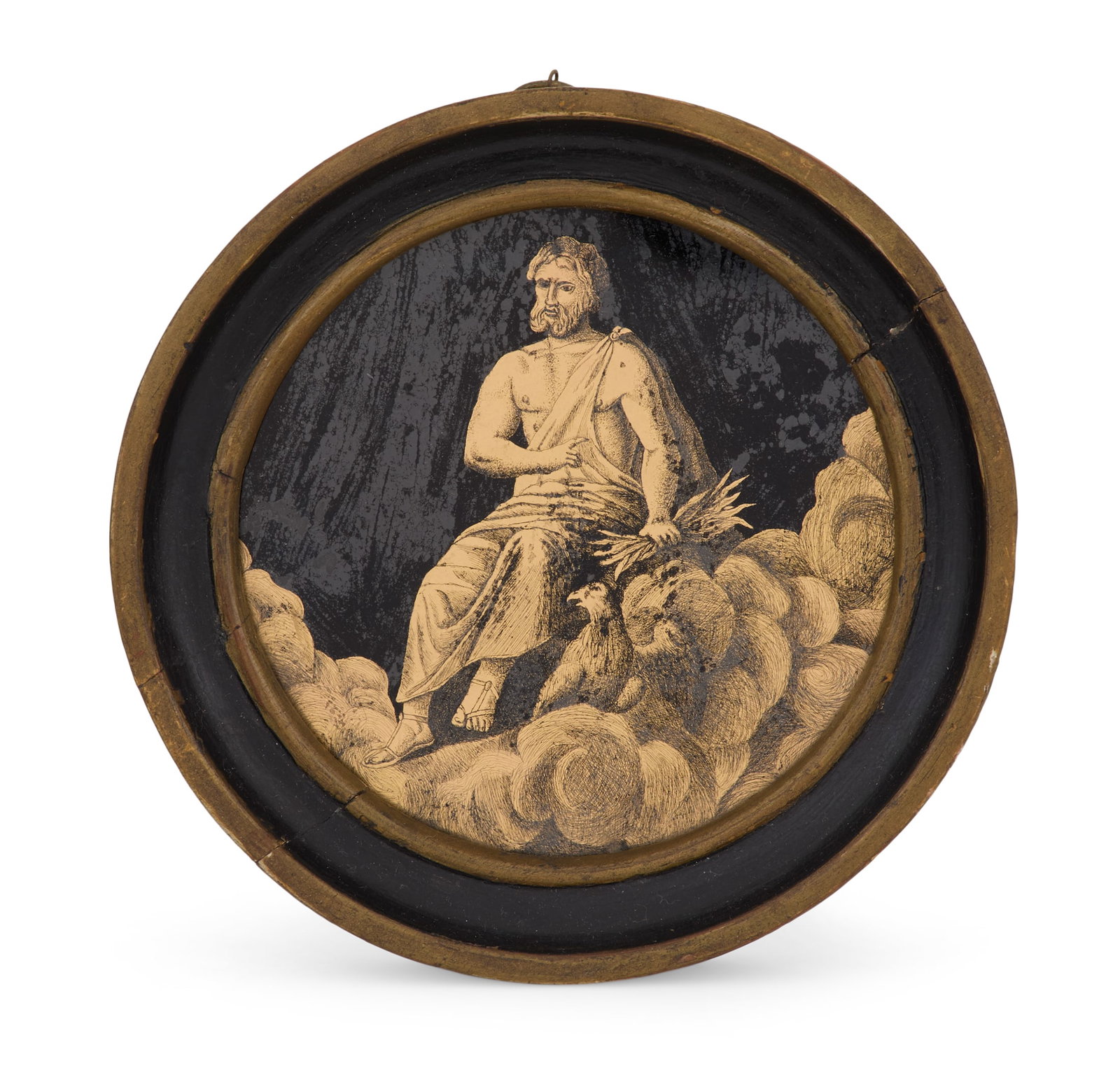 Neoclassical-Style Eglomise Roundel of Zeus: Neoclassical-Style Eglomise Roundel of Zeus fourth quarter 19th century, the king of the gods seated beside an eagle, rendered in gilt and picked out in black on a black ground, in a circular black an