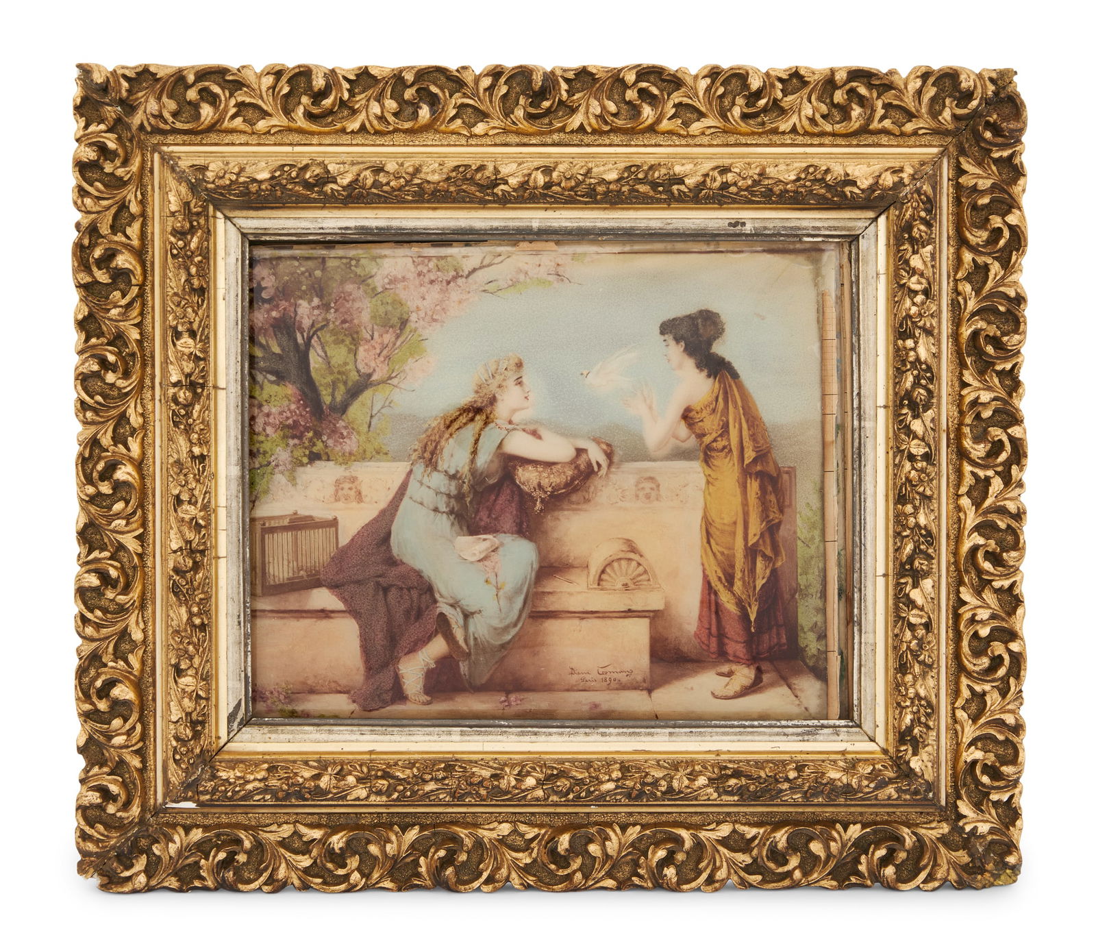 "Le Messager de l'Amour" Glass Picture: "Le Messager de l'Amour" Glass Pictureca. 1890, after Diana Coomans (Belgian, 1861-1952), composed of hand painted layers of glass, creating a convex picture and giving an illusion of depth,