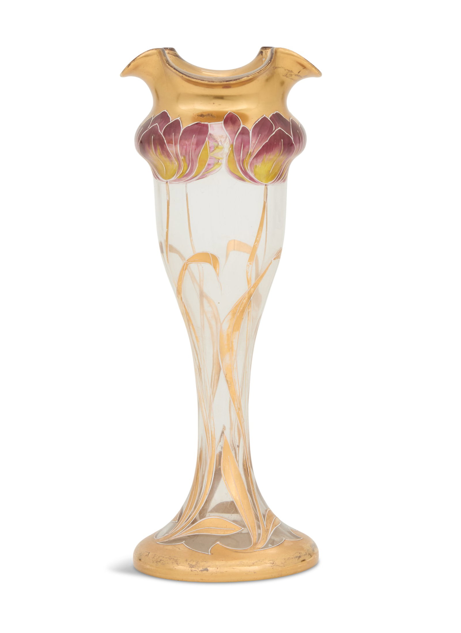 Art Nouveau Blown-Glass Vase: Art Nouveau Blown-Glass Vase fourth quarter 19th century, decorated with gilt overlay of swirling floral stems terminating in purple lotus flowers floating on a gilt "pond", pontil-marked ba