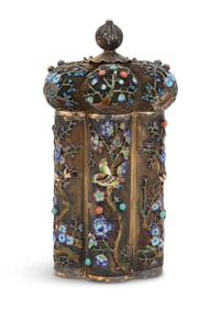 Chinese Export Silver Gilt Filigree and Enamel Tea Caddy