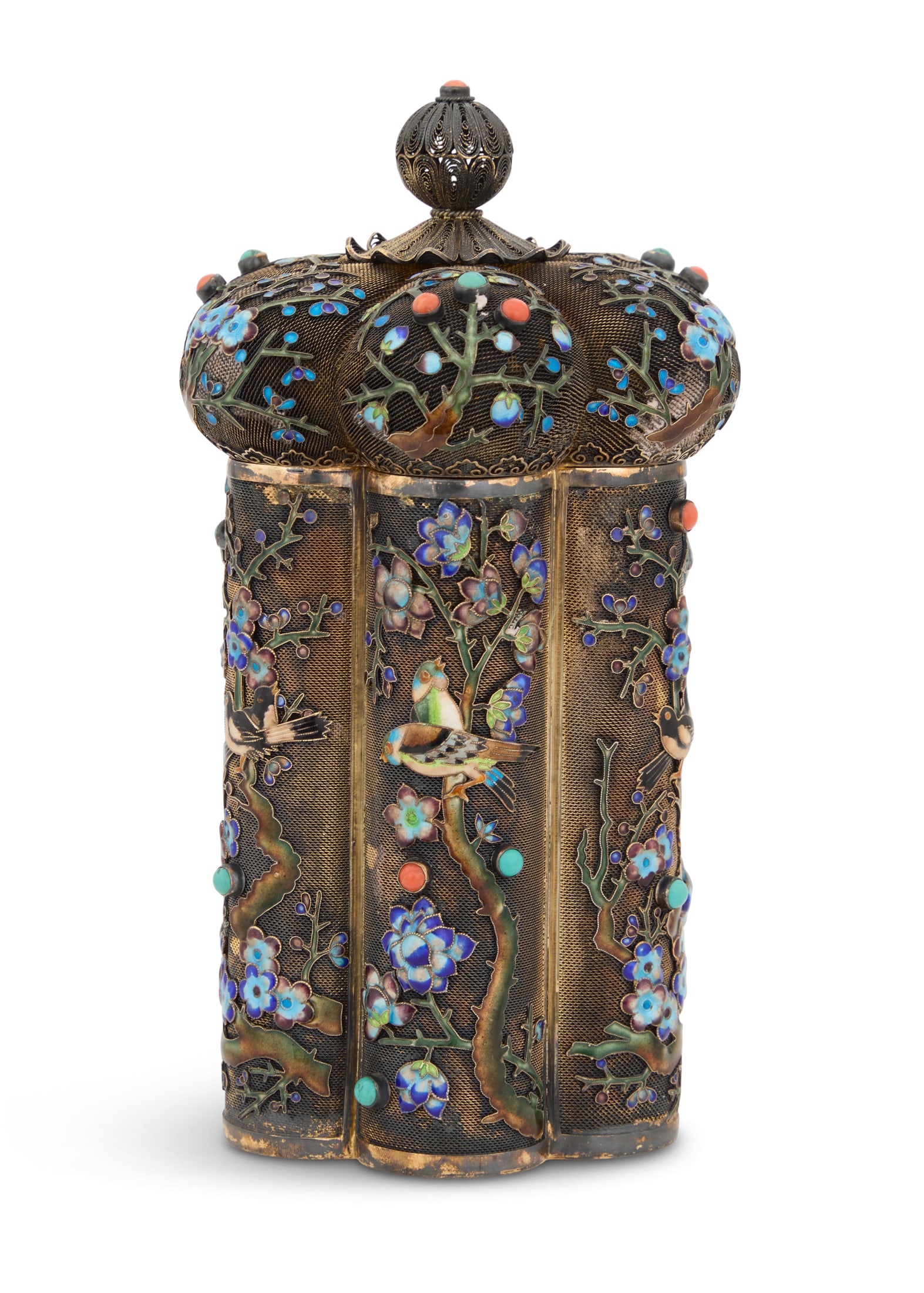 Chinese Export Silver Gilt Filigree and Enamel Tea Caddy (1 of 2)