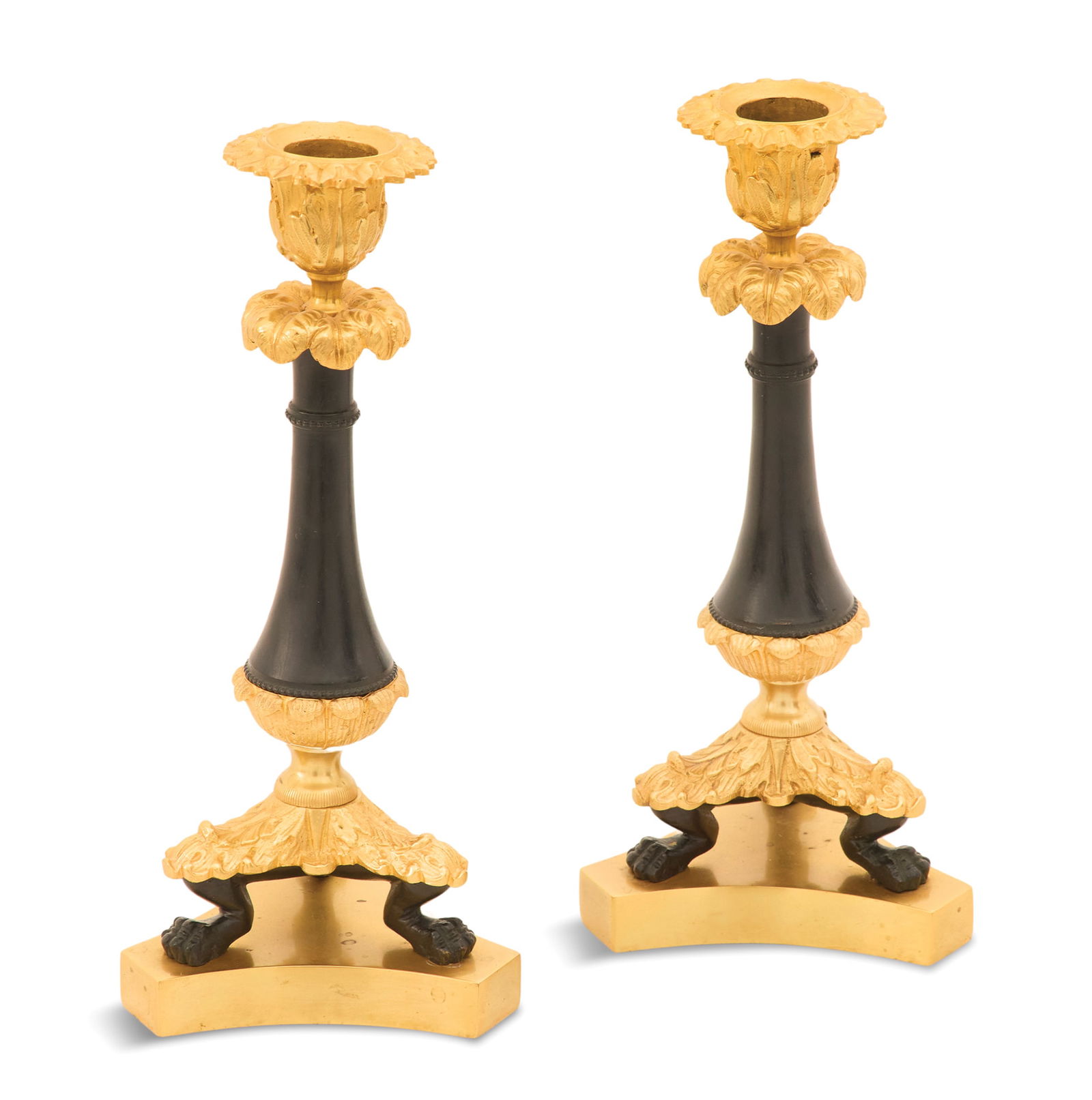 Pair of Gerard-Jean Galle Bronze Candlesticks: Pair of Gerard-Jean Galle Bronze Candlesticksthird quarter 19th century, the acanthus-molded bobeches and candle cups over molded palmettes, atop the vasiform bronze patine standards, raised on patine