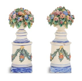 Pair of Creamware Flower-Filled Urns on Pedestals