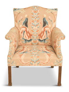 George III-Style Mahogany Armchair: George III-Style Mahogany Armchairfirst half 20th century, in the Chinese Chippendale taste, the padded and domed back joined by out-scrolled arms to the padded seat, raised on square, blind fret-carv