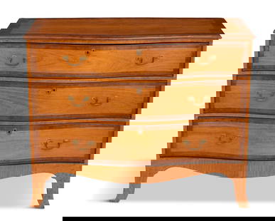 George III Mahogany Chest: George III Mahogany Chestlate 18th century, the banded, serpentine top above a conforming case fitted with three long, graduated and banded drawers, raised on splayed bracket feet.h. 37", w. 46", d. 2
