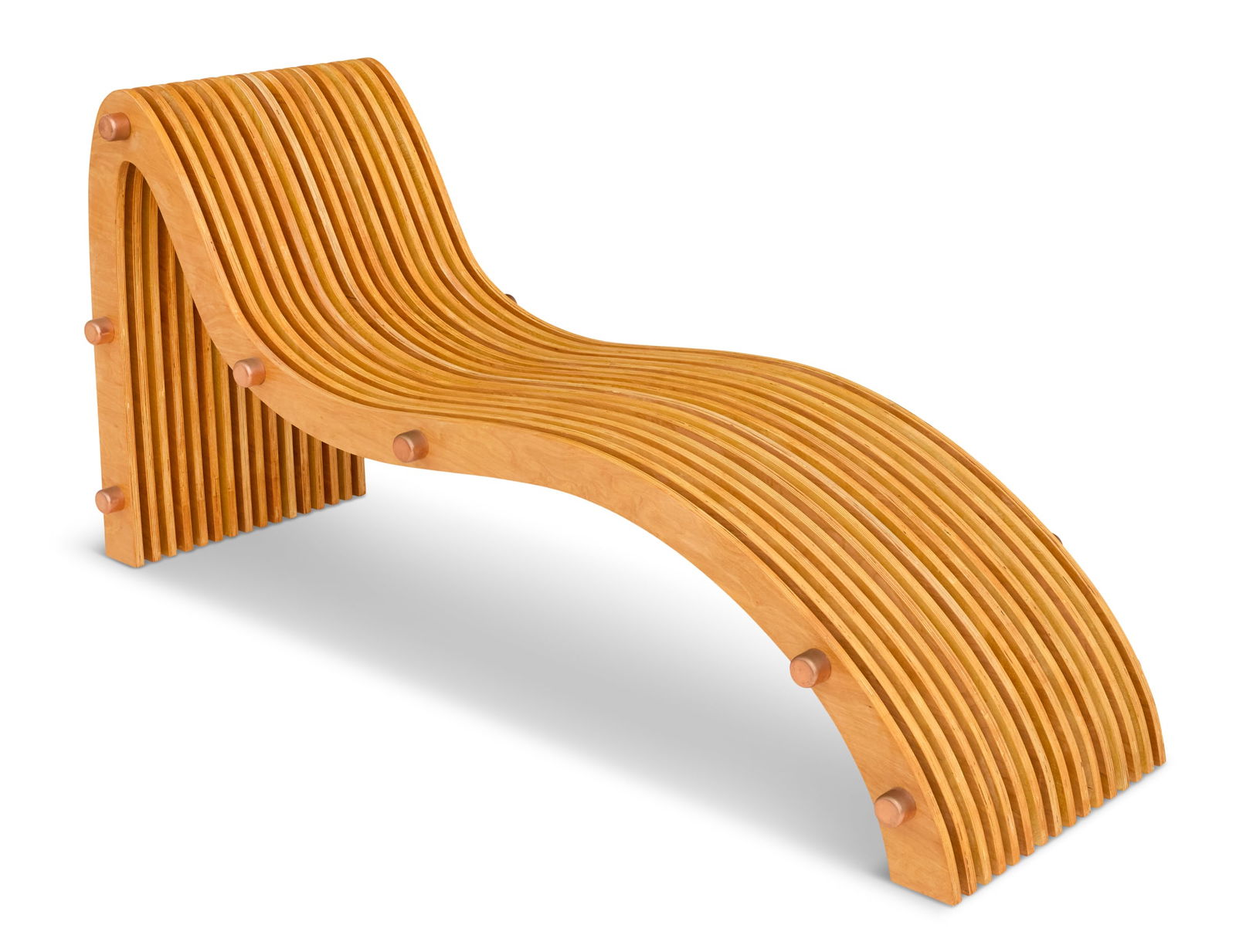 Cristina Molina (US/Louisiana, b. 1985): Cristina Molina (American/Louisiana, b. 1985) Slatted Chaise Longue2014, the slats fully laminated in a "pinstripe" design with birch veneers along the sides, the vertical lengthwise slats throughout