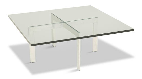 Polished Aluminum and Glass Square Coffee Table: Polished Aluminum and Glass Square Coffee Tablemid-20th century, in the X-form Mies van der Rohe style.h. 14-3/4", w. 38", d. 38" Provenance: Estate of Charles L. Whited, Jr., New Orleans, Louisiana.