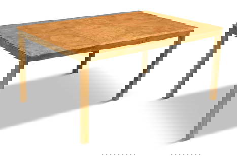 Steel and Burlwood Expandable Dining Table: Milo Baughman-Style Steel and Burlwood Expandable Dining Tablemid-20th century, the patchwork burlwood top seated on a steel frame with a bronze/brass finish, with one drop-in leaf present, the expans
