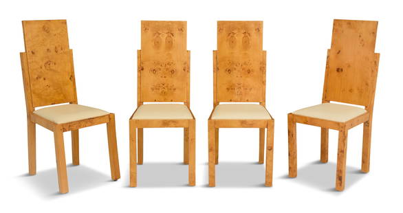 Four French Art Deco-Style Burlwood Side Chairs: Four French Art Deco-Style Burlwood Side Chairs20th century, with sculptural high backs, the in-set seats covered with ecru faux leather and raised on square legs.h. 44", w. 18", d. 22", seat d. 16-1/