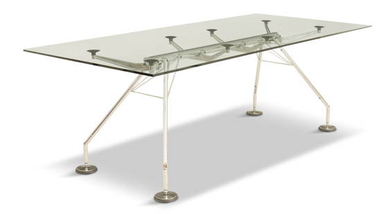 Sir Norman Foster "Nomos" Dining Table: Sir Norman Foster "Nomos" Rectangular Dining Table1987, for Tecno, S. p. A., architecturally-engineered, the base comprised of chromed steel, plastic and rubber topped with tempered glass.h. 28-1/2&rd