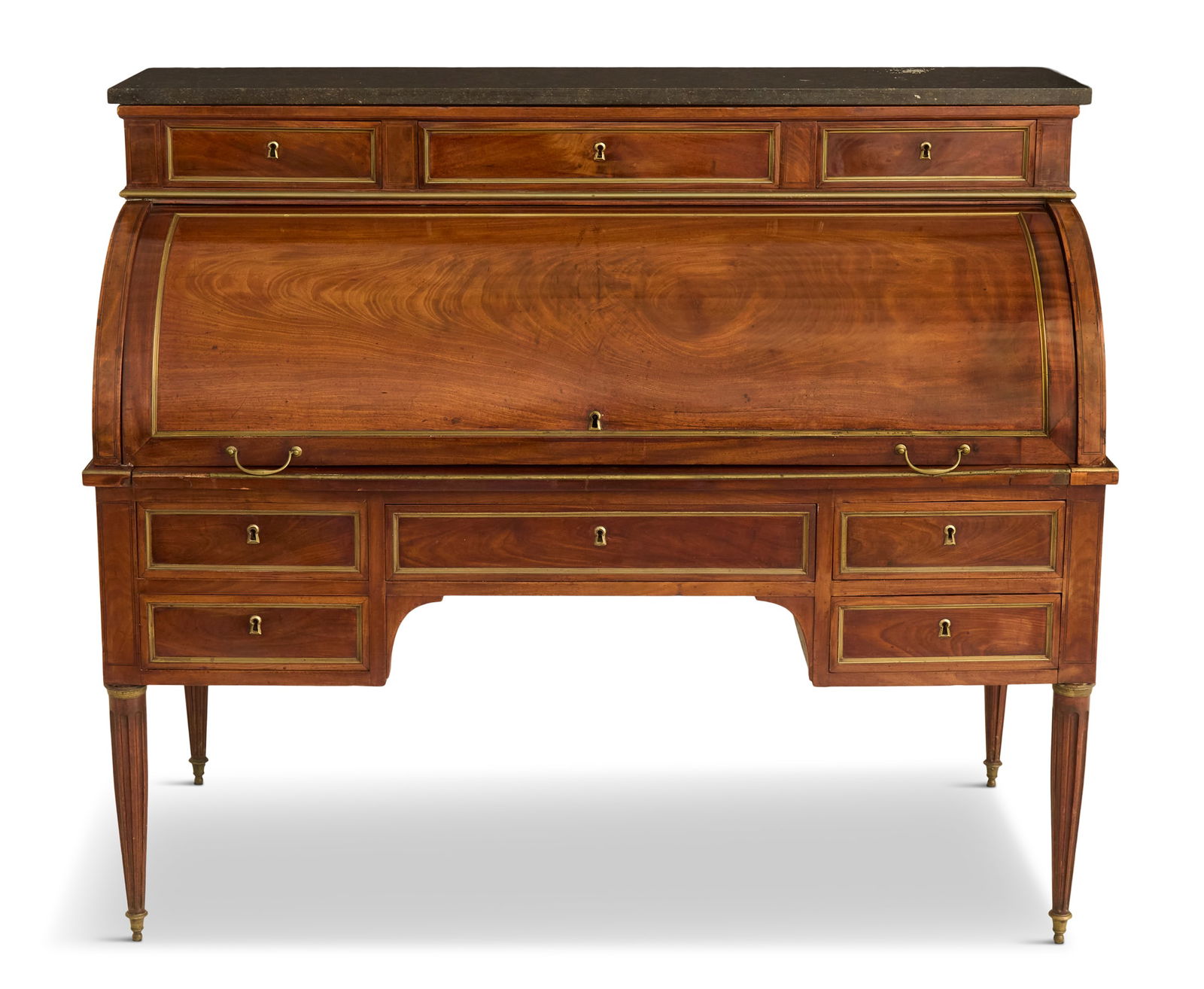 Louis XVI-Style Bureau Cylindre: Louis XVI-Style Bureau Cylindrelate 19th century, the rectangular charcoal marble top above three short drawers, over a roll top opening to a pull-out leather-inset surface and a variety of drawers an