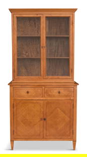 French Satinwood Bookcase/Cabinet: French Satinwood Bookcase/Cabinet19th century, in the Biedermeier taste, the rectangular, molded cornice above two glazed doors, the lower section fitted with two short drawers over two cabinet doors,