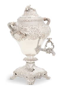 Early Victorian Sterling Silver Hot Water Urn: Good Early Victorian Sterling Silver Hot Water Urnhallmarked London, 1838-1839, by Charles Reily and George Storer, the inverted pear-shaped body richly decorated with repousse floral rococo scrolls o