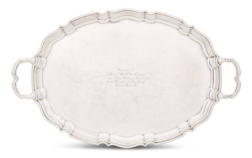 George V Sterling Silver Tea Tray: George V Sterling Silver Tea Trayhallmarked London, 1939-1940, by William Bruford & Son Ltd, of oval form, with shaped "Chippendale"-style rim and stirrup handles, engraved with a presentation inscrip