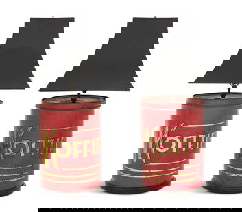 Pair of Dutch Coffee Tin Lamps: Pair of Dutch Coffee Tin Lampsfirst quarter 20th century, the large tins intended for commercial use with gilt letters spelling "Koffie" on a red ground, now on black wooden bases and fitted with lamp