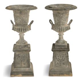 Pair of Cast-Metal Garden Urns on Stands
