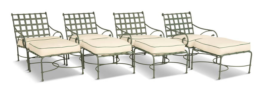 Brown Jordan "Florentine" Garden Furniture: Brown Jordan "Florentine" Garden Furnitureafter a design by Los Angeles designer Richard Frinier, the set including four lounge chairs and matching ottomans, composed of green metal with scrolled term