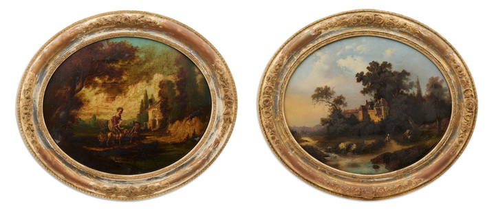 Pair of French Eglomise Landscapes: Pair of French Eglomise Landscapessecond quarter 19th century, the convex pictures, reverse painted with landscapes in the Claude Lorrain manner, in oval giltwood frames.h. 20", w. 22-1/2"
