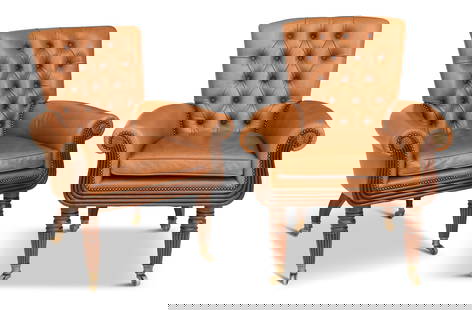 Pair of Maitland Smith Leather Library Chairs: Pair of Maitland Smith Mahogany and Leather Library Chairs20th century, the William IV-style chairs with diamond-tufted backs, reeded arm fronts and aprons, raised on turned and reeded legs.h. 38", w.
