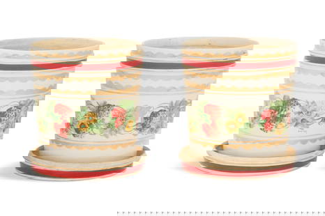 Pair of Unusual Continental Porcelain Cachepots: Pair of Unusual Continental Porcelain Cachepots19th century, decorated with panels of strawberries and pansies, with a Chinese red border, with saucers decorated to match.h. 6-3/4", dia. 6-1/2"