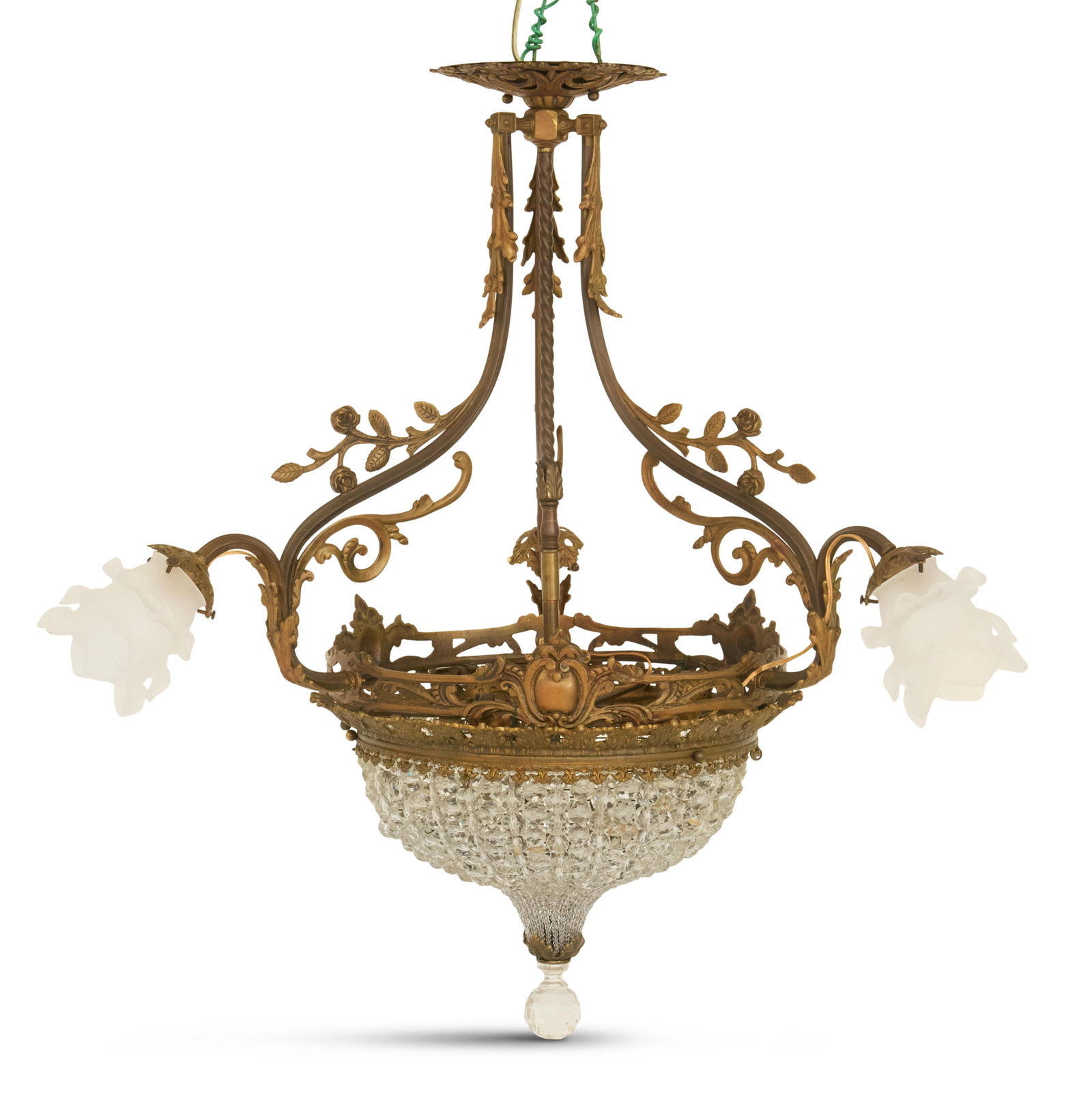 French Bronze and Crystal Chandelier: French Bronze and Crystal Chandelierfirst quarter 20th century, the six-light chandelier with a pierced canopy, set with three scrolled arms, decorated with mounts of roses and scrollwork, the arms mo