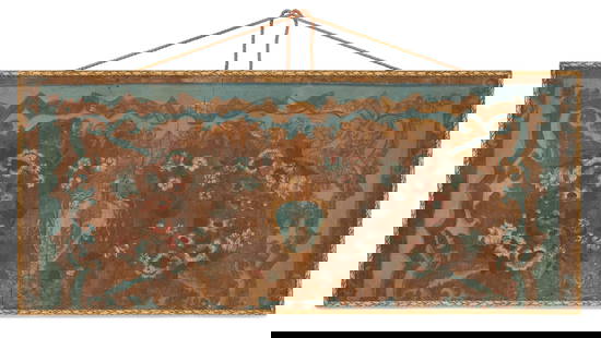 Italian Painted and Embossed Panel: Italian Painted and Embossed Panel18th century, in the Baroque taste, the central vasiform cartouche on a brown field scattered with flowers, bordered with scrollwork on a blue ground, now backed with