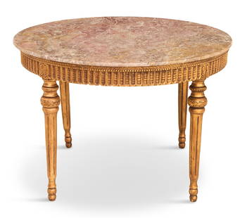Giltwood and Marble-Top Center Table: Giltwood and Marble-Top Center Tablethe Louis XVI-style table with a circular marble top above a conforming frieze with imbricate fluting, raised on fluted, tapered circular legs ending in bulbous fee