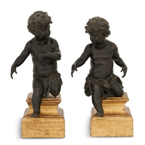 Pair of French Patinated Bronze Putti on Stands
