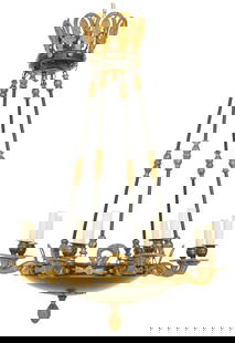 French Empire-Style Bronze and Tole Chandelier: French Empire-Style Bronze and Tole Chandeliermid-20th century, the eight-light chandelier with a pierced corona, molded with acanthus leaves, mounted with rod-form molded chains supporting the black