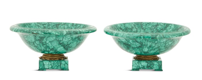 Pair of Malachite and Gilt-Bronze Bowls